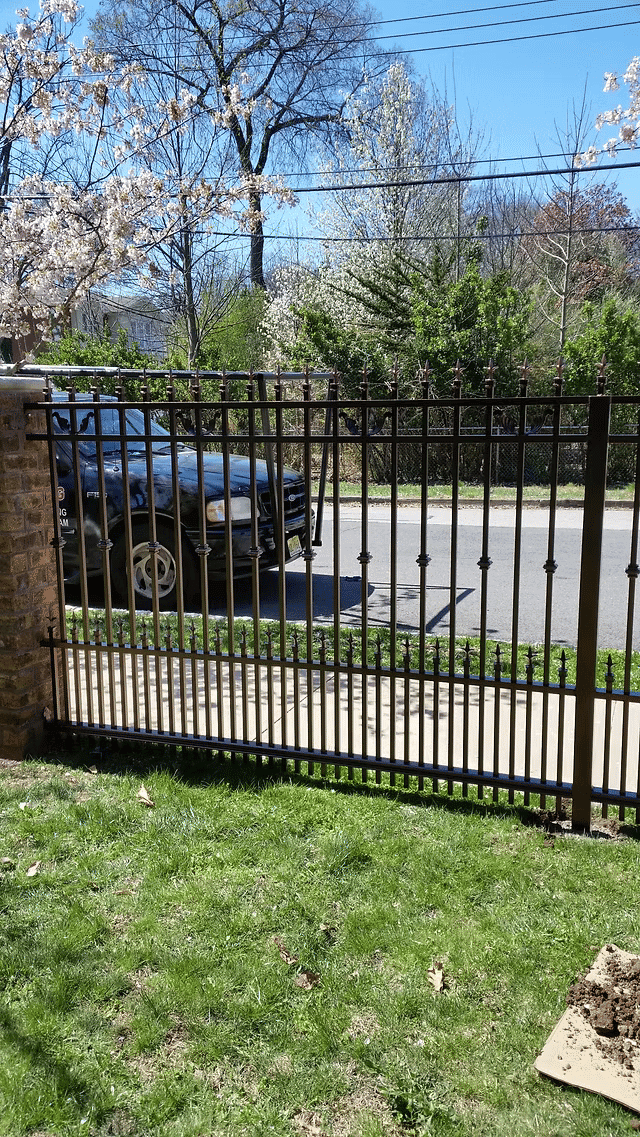 Iron fence with a view of a black vehicle parked on a sunny day, surrounded by greenery.