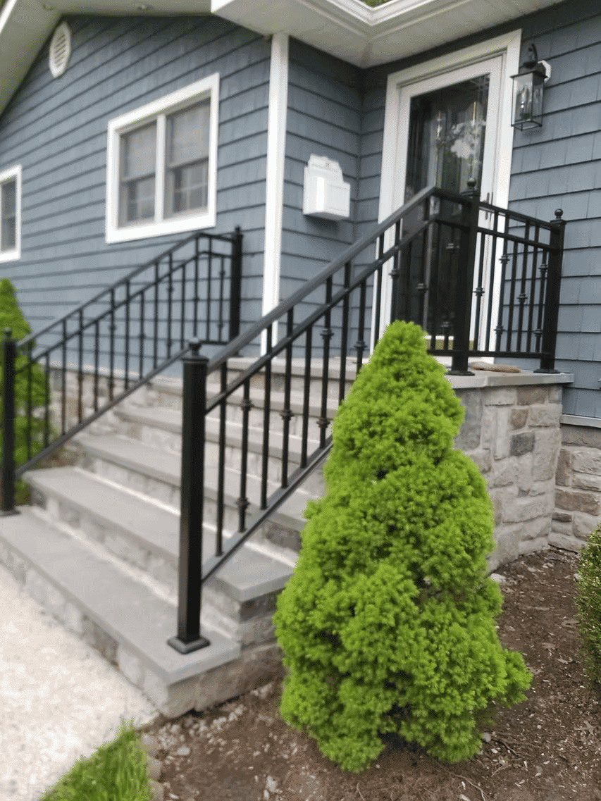 Exterior of a house featuring a blue facade, stone steps, black railings, and trimmed greenery.